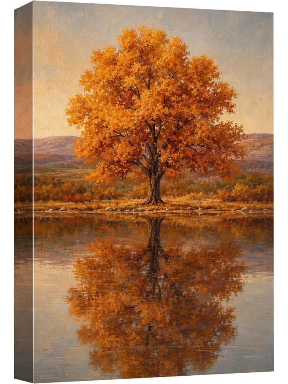 Multicolor Canvas Wall Art - Golden Fall Tree & Mountain Lake for Living Room